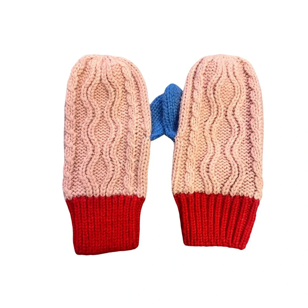 Mini Boden Cable Knit Colorblock Winter Mittens Girls Large 6-10 Pink Red Blue